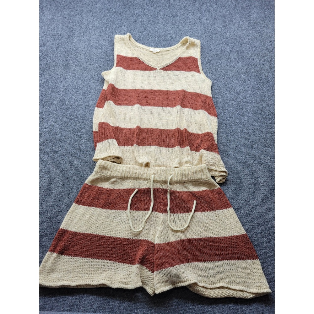 Oddi Womens Knit 2 Piece Set Rust Cream Striped Tank Shorts Size M IST13841
